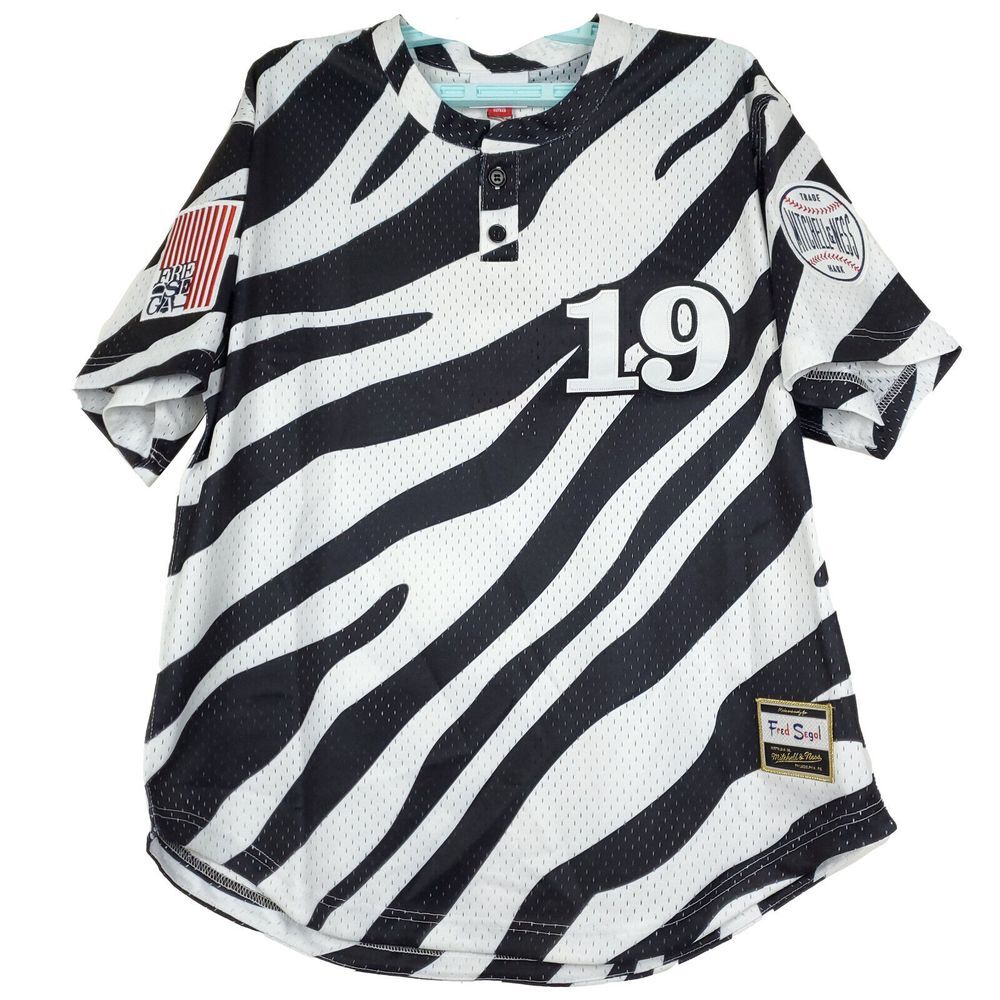 Fred Segal Mitchell & Ness L Large Baseball Jersey Black White‎ Zebra Print NWT